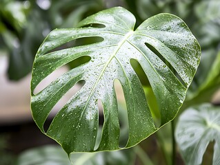 Monstera leaf close-up indoor garden nature photography lush environment macro view tropical concept