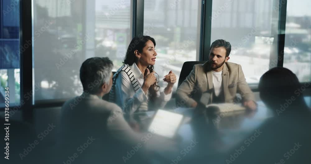 Aufkleber group, meeting and business woman with proposal, idea and brainstorming for financial risk managemen