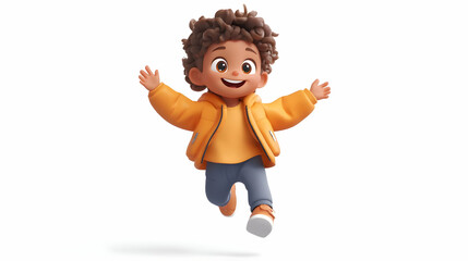 Animated Child Joyfully Running with Open Arms Wearing Orange Jacket and Gray Pants on White Background