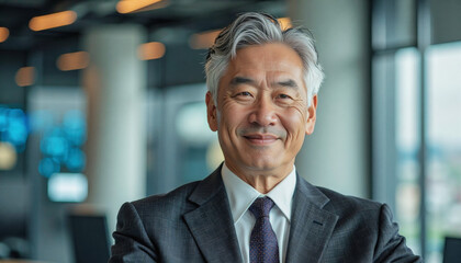 Fototapeta premium A portrait headshot photo of a friendly professional CEO executive business worker: A mature Asian man with gray hair confidently looks at the camera while wearing a dark suit and tie in a modern