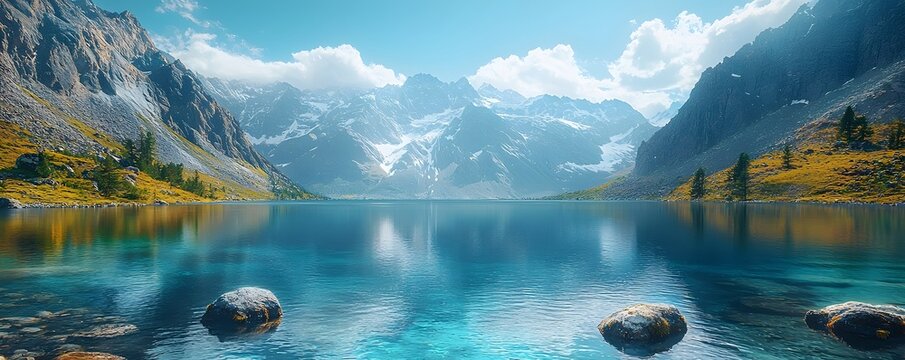 Serene mountain lake with turquoise waters and snow capped peaks - Powered by Adobe