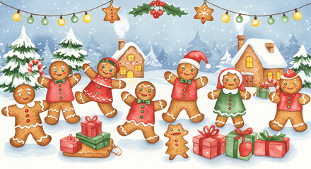 Festive christmas banner featuring cheerful gingerbread characters celebrating the season watercolor
