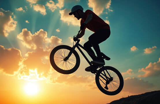 Silhouette man does bmx jump against beautiful sunset sky. Dynamic street sport, youth leisure activity. BMX biker performs trick, extreme freestyle ride, speed air. - Powered by Adobe