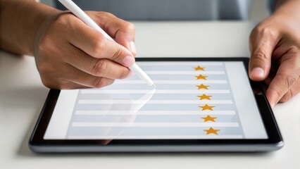 Product feedback with data analysis concept. A person using a digital pen to highlight feedback on a screen.