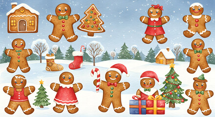 Festive christmas banner featuring cheerful gingerbread characters celebrating the season watercolor
