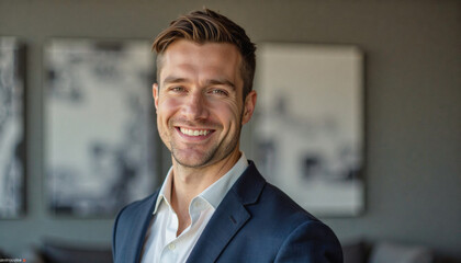 Naklejka premium A portrait headshot photo of a friendly professional CEO executive business worker: A handsome man in a dark suit and open-collared white shirt smiles warmly at the camera in a modern, sophistica