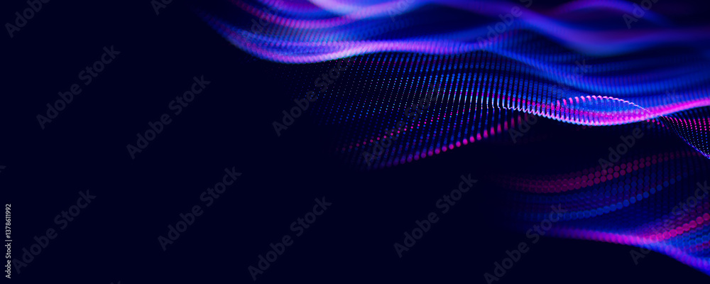 Poster Abstract wave of particles. Big data digital flow concept. LLM learning process, AI technology. Quantum computing. with place for text
