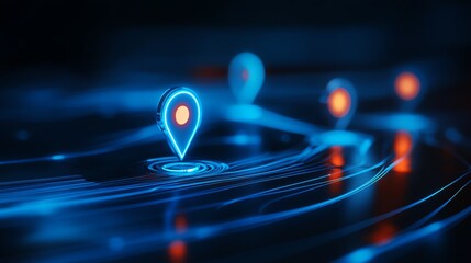 Digital map with location pins glowing in blue tones.