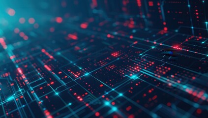 Abstract Digital Background with Neon Lines and Red Dots