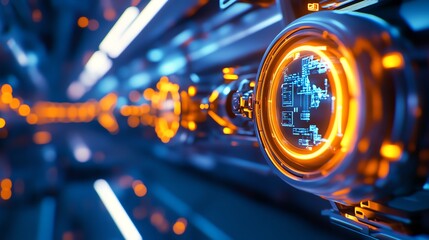 Futuristic technology with glowing circuits in a digital environment.