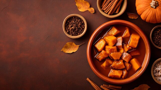 Traditional mexican candied pumpkin dessert with spices for autumn celebrations