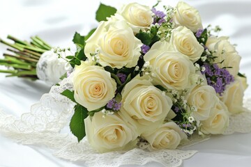 Beautiful bouquet of white roses with delicate purple flowers arranged for a special occasion