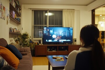 Cozy Night Living Room with Urban Cityscape on TV