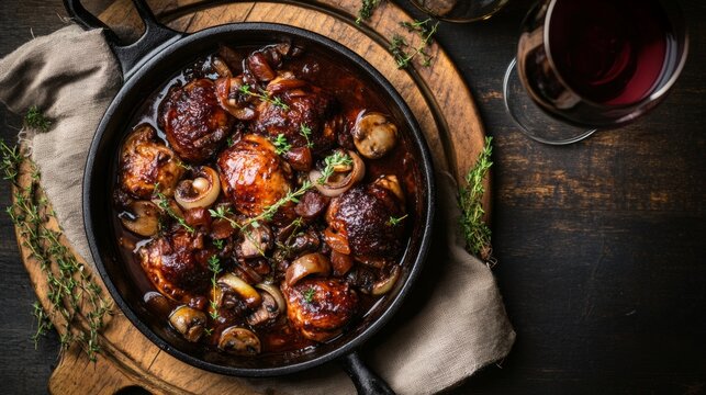 French coq au vin dish with red wine and herbs on rustic wooden table