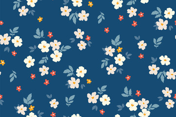 Seamless floral pattern, liberty ditsy print of mini hand drawn plants. Cute botanical fabric, textile design: simple small flowers, leaves in abstract composition on blue field. Vector illustration.