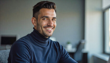 A portrait headshot photo of a friendly professional CEO executive business worker: A smiling man with a short haircut and stubble confidently poses indoors, wearing a dark turtleneck sweater.