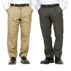 A Two men are standing side by side, each wearing formal trousers and dress shoes. man left is wearing beige trousers, while man right is wearing dark pinstriped trousers. Both have their hands