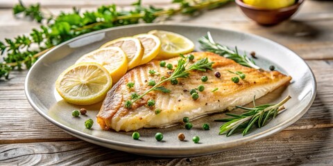 Pan-seared fish fillet on a plate with herbs and lemon slices , oceanic, food