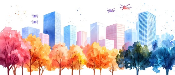 Fototapeta premium Innovative healthcare technology hub urban center watercolor art vibrant ecosystem aerial perspective future medical research