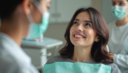 Fototapeta premium Happy woman smiling during dental check-up. Dentist appointment patient, medical treatment in clinic, oral hygiene procedure. Healthcare, dentistry, healthy teeth concept.