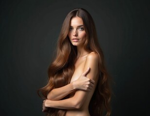 Naklejka premium Beautiful woman with long wavy hair posing. Brunette girl with smooth healthy hair. Lady with naked chest covers arms. Natural beauty, haircare concept.