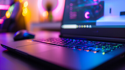 Sleek black gaming laptop with RGB backlit keyboard on minimalist dark desk, modern technology for gamers and professionals, high performance computing device for work and entertainment.