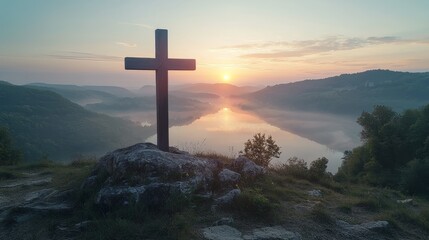 Sunrise over tranquil waters a reflection on christianity at a scenic cross mountainside nature photography peaceful environment inspirational view