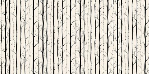 Seamless pattern featuring slender tree trunks on a light background with delicate branches. birch tree background