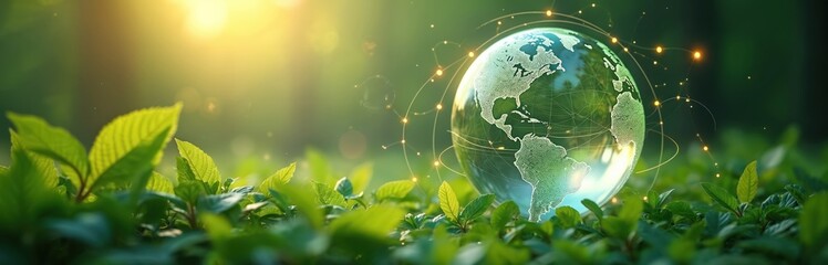 Earth globe nestled green leaves. Concept eco-friendly solutions, sustainability, global eco-friendly tech with renewable energy source. Connection lines symbolize global climate solutions, reducing