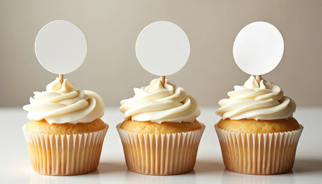 Vanilla cupcakes with blank toppers. Creamy frosting, delicious treat. Ideal food photo for bakery, dessert, sweet tooth concept. Perfect for custom messages, branding, celebration, birthdays, party,