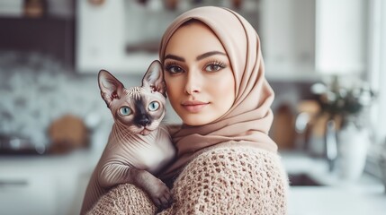 Cozy Lifestyle Portrait of a Smiling Woman in Hijab with Sphynx Cat: Modern Multicultural Bonding and Affection in a Warm Home Interior