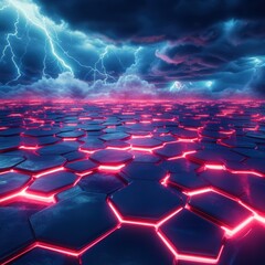 Obraz premium Futuristic hexagonal tiles with neon lighting and stormy sky.