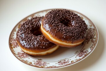 Delicious Chocolate Sprinkled Donuts on a Decorative Ceramic Plate