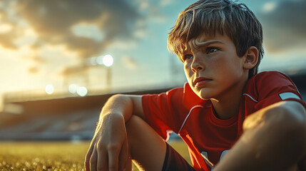 young boy / soccer player looking disappointed as he sits down to rest.