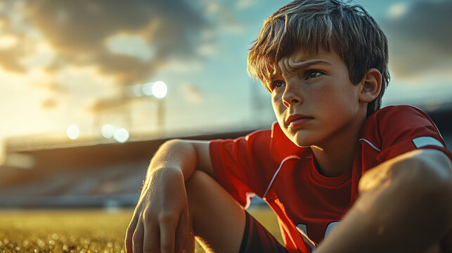 young boy / soccer player looking disappointed as he sits down to rest.