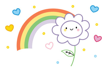 Kawaii Rainbow with Smiling Daisy Flower and Hearts on White Background