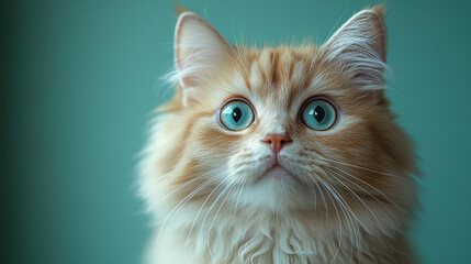 Fototapeta premium Curious Cat: A fluffy ginger cat with striking blue eyes gazing upwards, exuding an aura of curiosity and innocence.