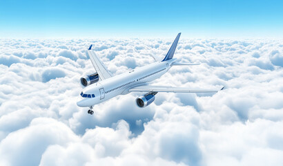 Obraz premium A white airplane is flying through a cloudy sky. The clouds are white and fluffy, and the sky is blue. The airplane is the main focus of the image, and it is soaring through the sky with ease
