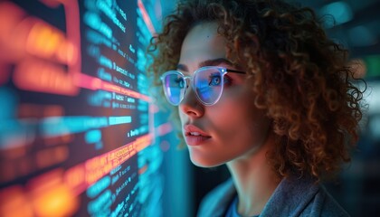 Young woman with curly hair, stylish glasses looks intently at holographic data display. Focus on coding, research, analytics, ai. Futuristic tech vision in business, digital innovation, pro