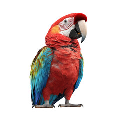 Obraz premium A colorful parrot is standing on a white background. The bird is red and blue with a yellow beak