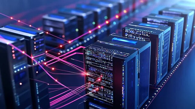 D isometric infographic of two ultra-modern data centers connected by luminous data lines, with animated servers moving along the route, symbolizing seamless cloud computing trans