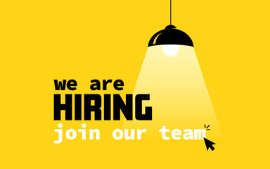 Trendy hiring banner with spotlight and arrow to join our team. View through a light to find you. Banner template design for business, promotion, sales and advertising. Vector illustration.