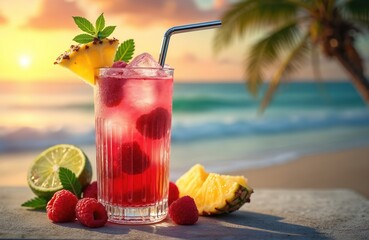 Refreshing cocktail with ice, raspberries, lime slice, pineapple slice, mint leaf decoration. Beach, palm trees, ocean in background. Summer vacation, tropical drink, ice beverage, holiday, leisure.