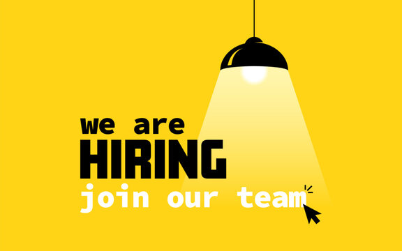 Trendy hiring banner with spotlight and arrow to join our team. View through a light to find you. Banner template design for business, promotion, sales and advertising. Vector illustration.