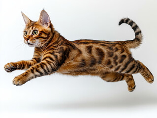 Leaping Bengal Cat: Captivating action shot of a graceful Bengal cat mid-leap, showcasing its distinctive spotted coat and focused gaze against a neutral backdrop. 