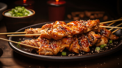 Fototapeta premium Close-up of glazed chicken yakitori skewers with scattered sesame seeds and chopped green onions on black plate, warm restaurant lighting