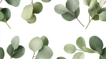 Obraz premium Green eucalyptus leaves scattered on a clean white background for natural decor or design projects