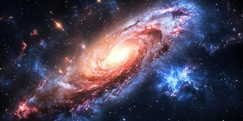 Obraz premium a spiral galaxy with a bright center surrounded by stars, Outer space with distant galaxies, nebulas