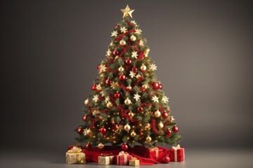 beautifully decorated Christmas tree adorned with twinkling fairy lights, red and gold ornaments