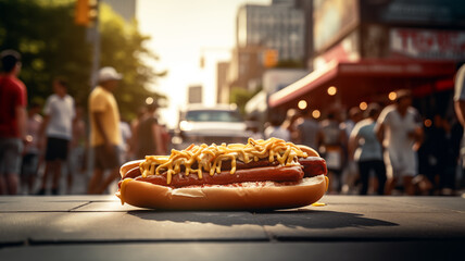Gourmet hot dog in soft white bun with yellow mustard, relish and onions on white paper, blurred city street with people in background